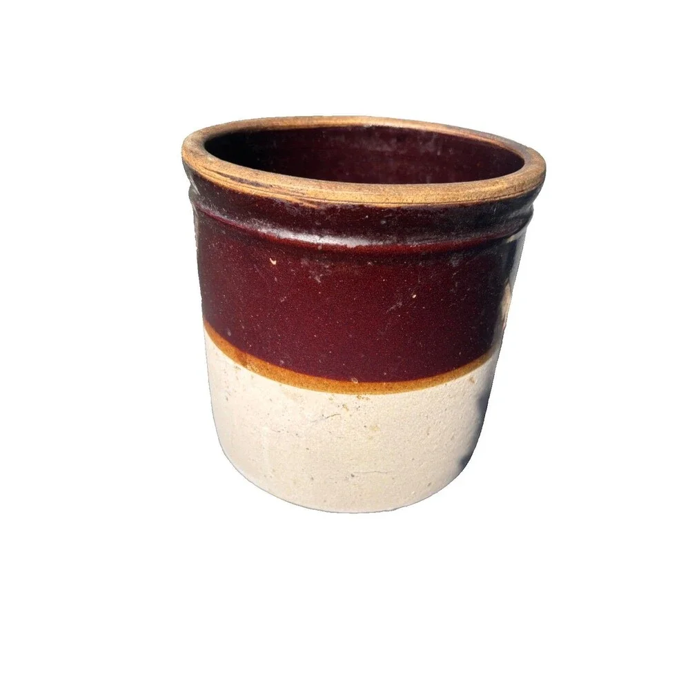 Antique Stoneware Crock Brown Tan Glaze 7.5” Primitive Farmhouse Cottage